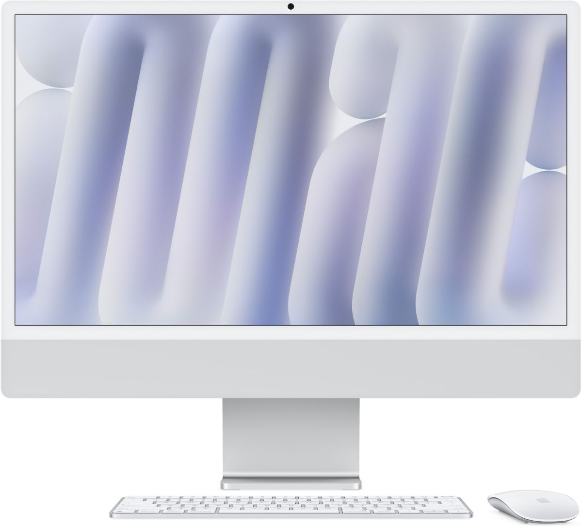 Apple iMac de 24″ con pantalla Retina 4.5K, chip M4, CPU de 10 núcleos / GPU de 10 núcleos, 16 GB de RAM, almacenamiento SSD de 256 GB, color plata.