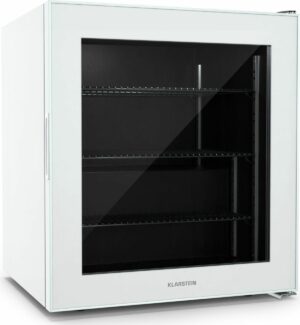 Refrigerador KLARSTEIN IceAge de 88 litros con congelador superior, clase de eficiencia energética E, 3 estantes de vidrio, color blanco.