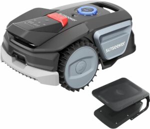 Cortacésped robótico SUNSEEKER V1, sin cable perimetral, área de 300 m², garaje, ideal para jardines pequeños.