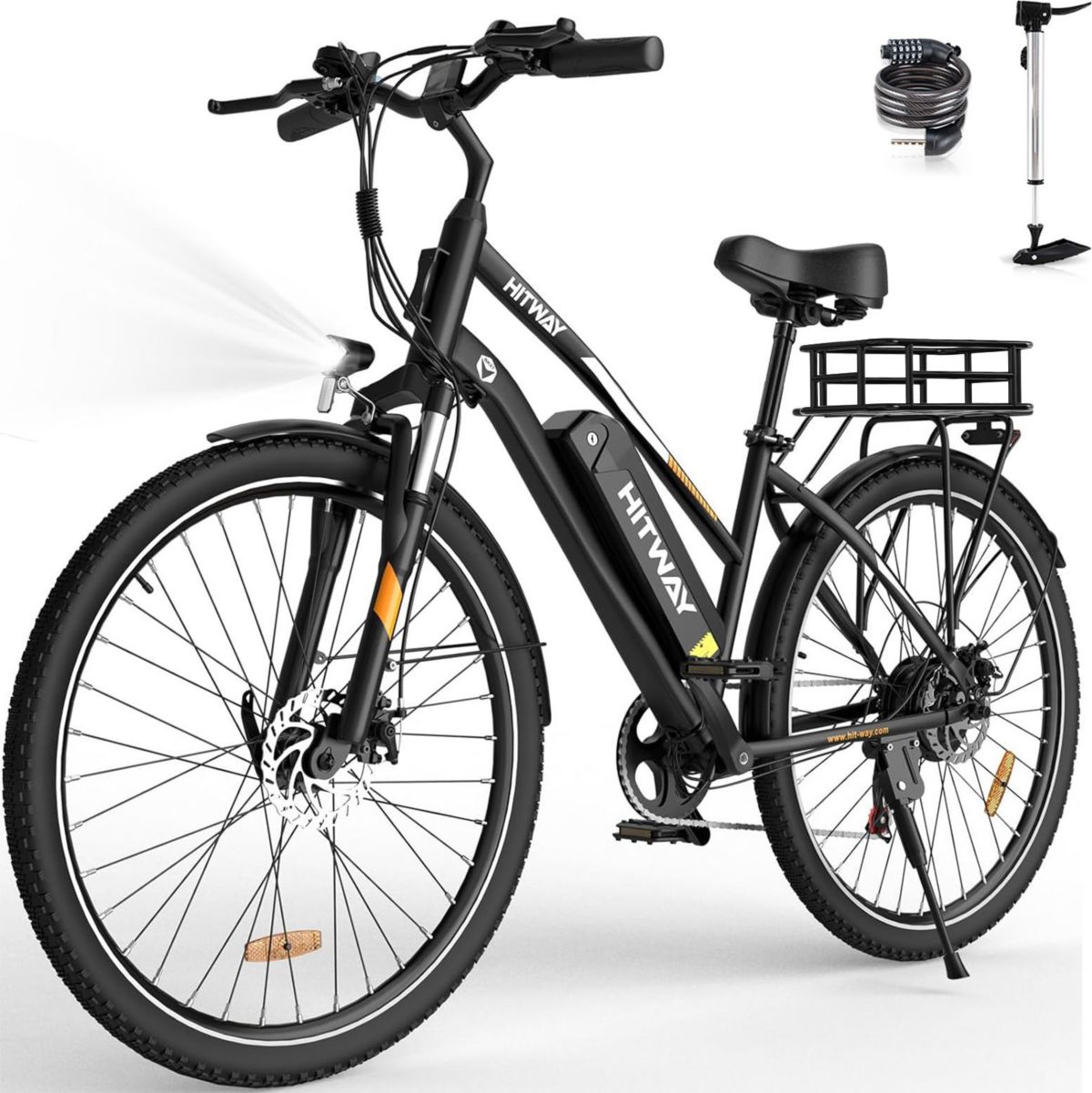 Bicicleta eléctrica HITWAY, bicicleta de montaña de 28″, color negro.