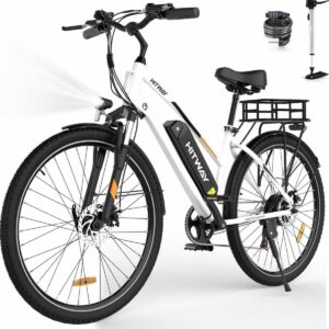 Bicicleta eléctrica HITWAY, bicicleta de montaña de 28″, blanca