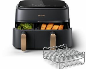 Freidora de aire PHILIPS NA352/04, cesta doble, negro/dorado, serie 3000, 9 L (3+6 L) con accesorio