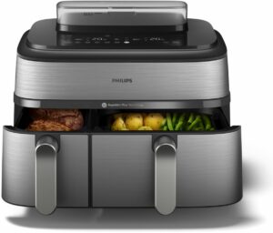 Freidora de aire PHILIPS NA555/00, doble cesta + vapor, metal, serie 5000, 9 L (3+6 L)