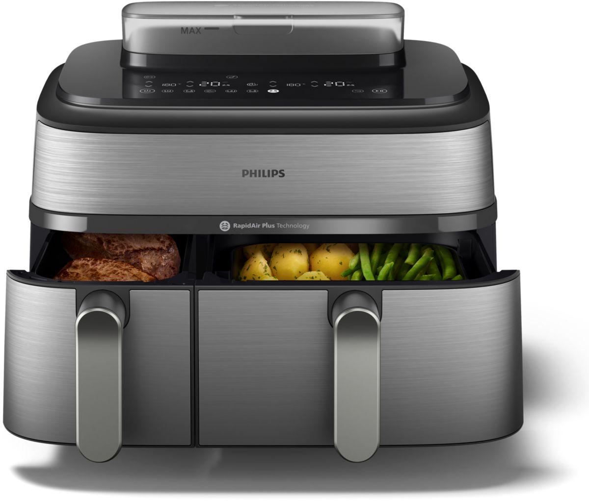 Freidora de aire PHILIPS NA555/00, doble cesta + vapor, metal, serie 5000, 9 L (3+6 L)