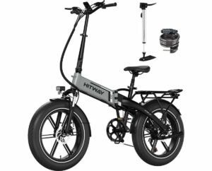 Bicicleta eléctrica HITWAY con neumáticos de 20×4.0, batería de 48V 13Ah, plegable, color gris.