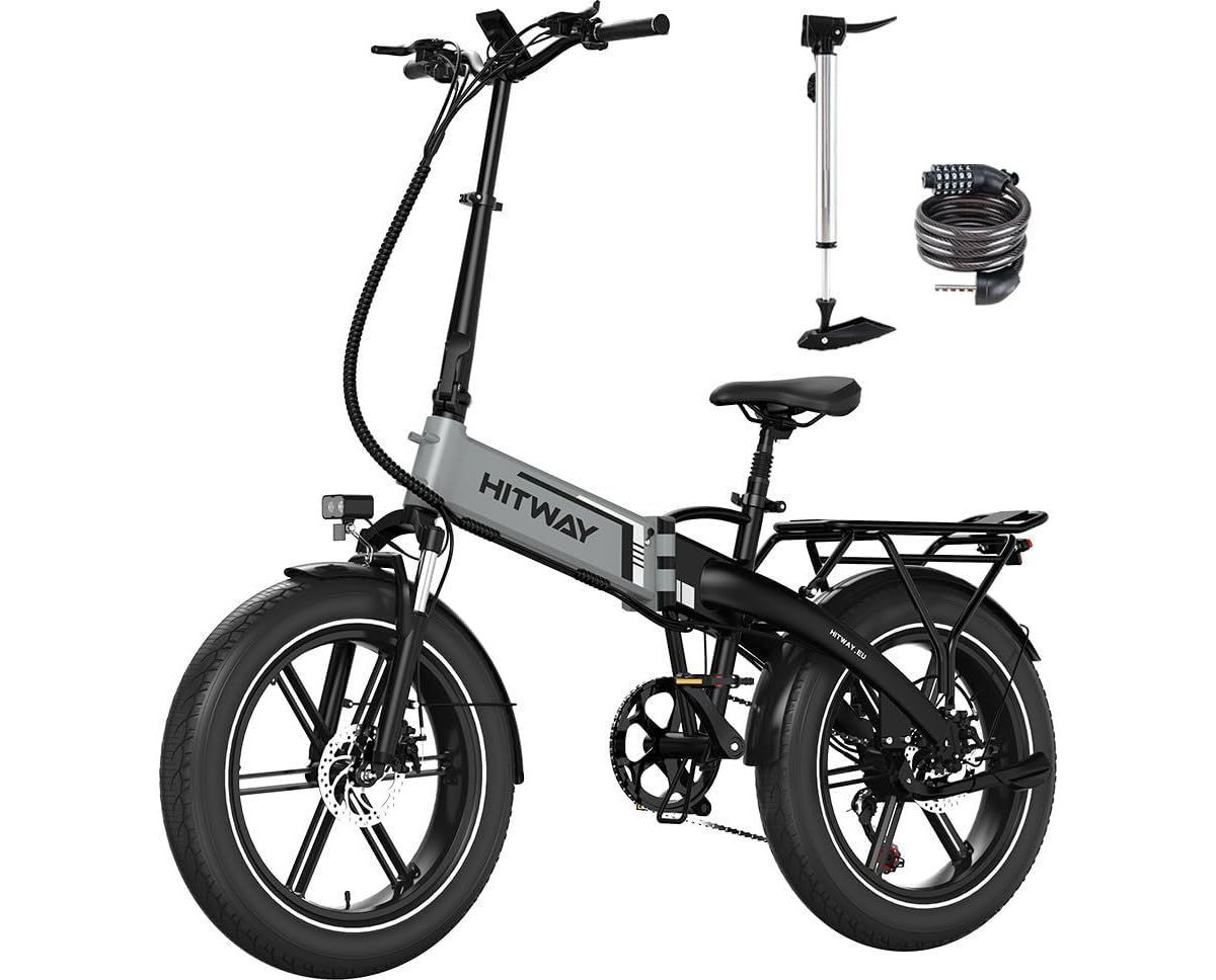 Bicicleta eléctrica HITWAY con neumáticos de 20×4.0, batería de 48V 13Ah, plegable, color gris.